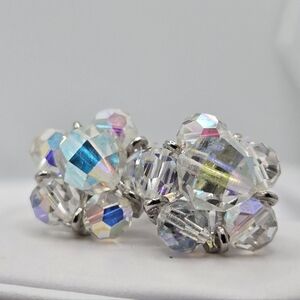 Aurora Borealis AB Handmade Beaded Flower Earrings Vintage Clip On